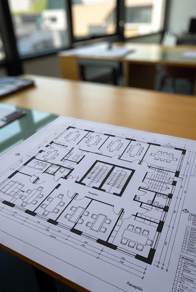 En detaljeret sort-hvid plantegning af et kommercielt kontorlokale liggende på et bord, med markeringer for reception, møderum, kontorer og andre rum